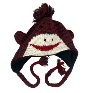 4/$25 DeLux Striped Red and Black handmade Knit Monkey Hat